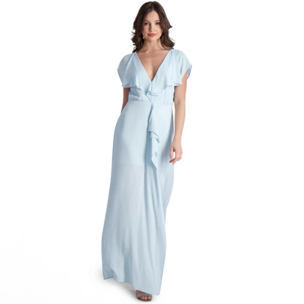 Bcbg Sky Blue Maxi Dress With Ruffle V-Neck